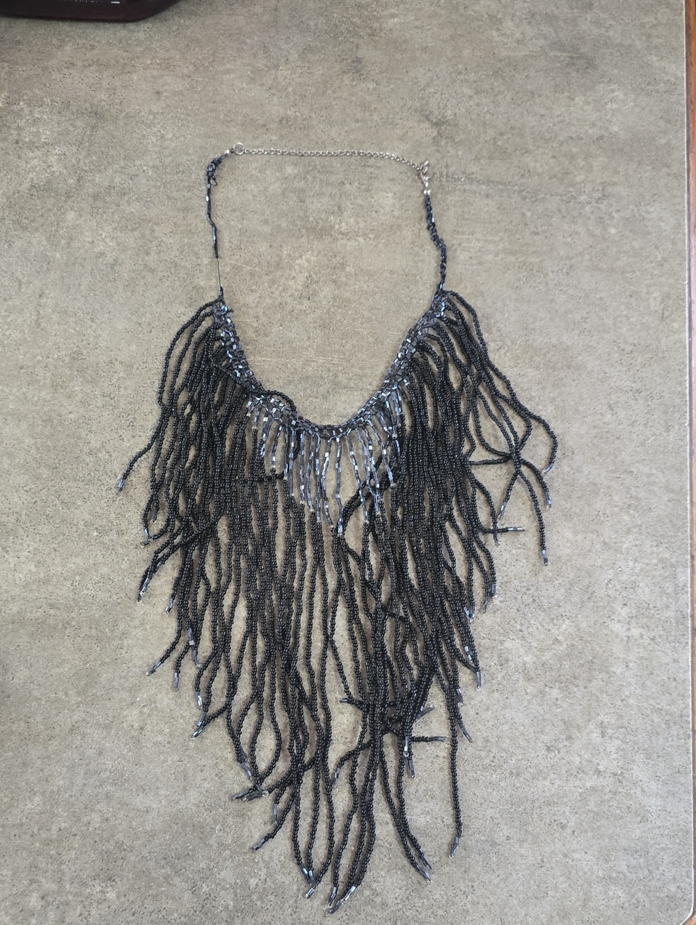 Black Beaded Fringe Statement Necklace